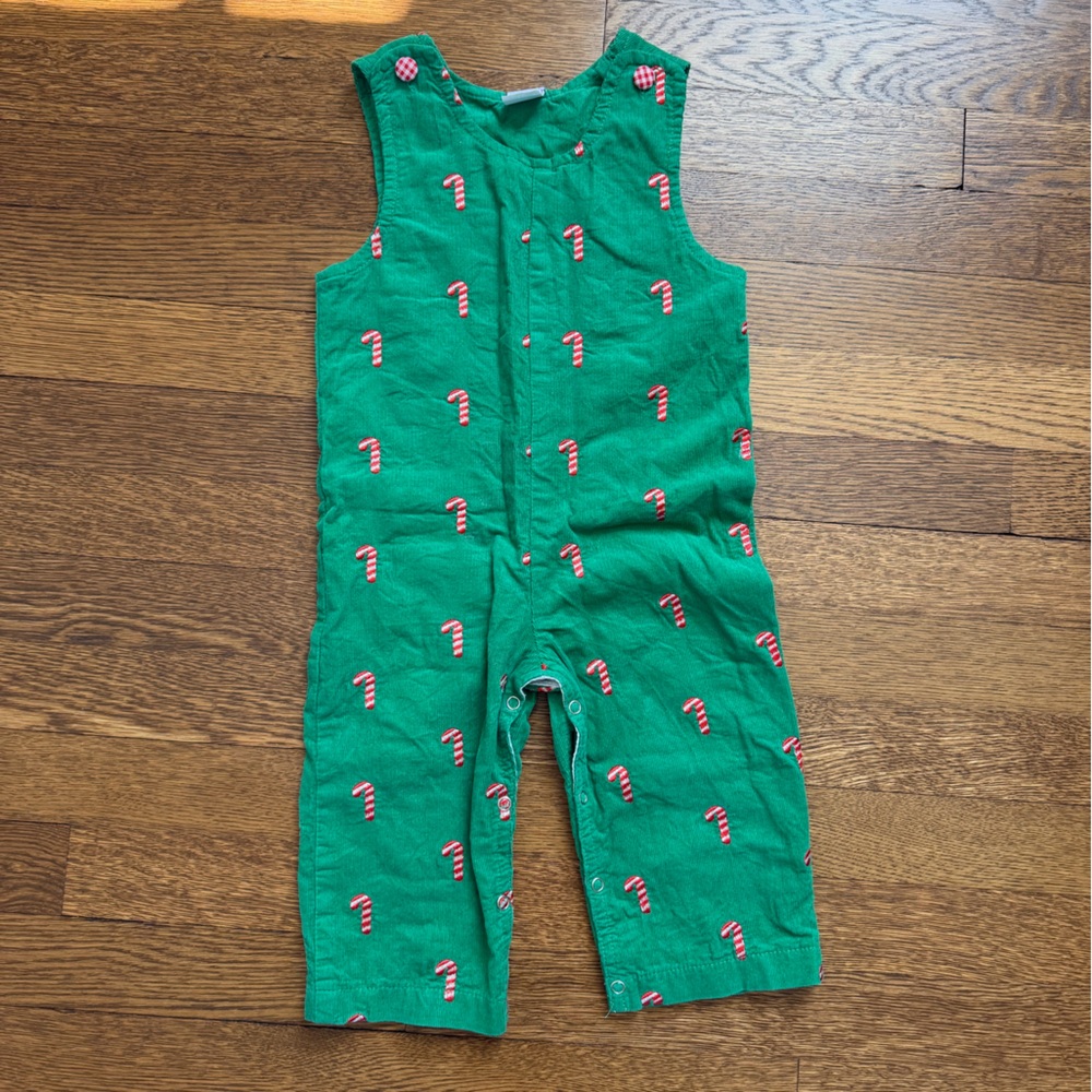 Stitchy Fish Green Candy Cane Print Overalls